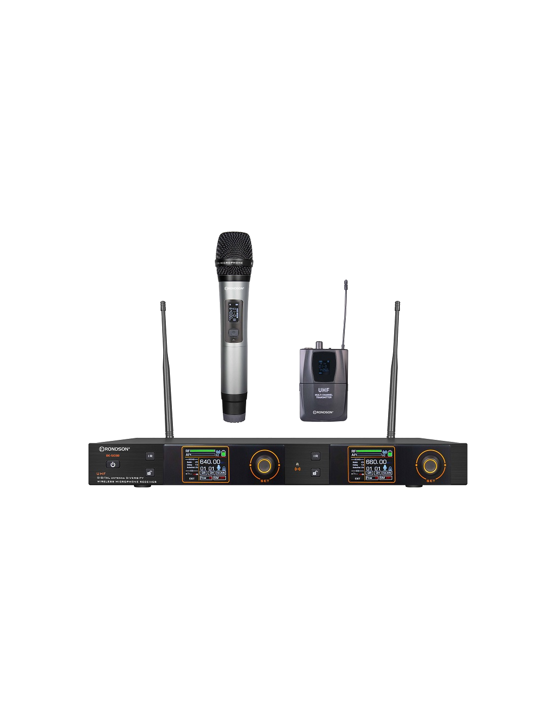 Ensemble double UHF avec 1 micro à main et 1 micro-cravate RONDSON  BE-5038/H-83/PT-10 : Performances sans fil supérieures pour u