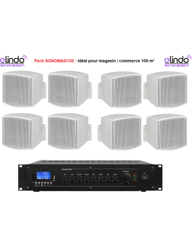 Pack Sonorisation Pro pour Magasin ou Commerce de 150m²  Amplificateur  Bluetooth USB SD, 8 Enceintes Miniatures 6W et Câbles
