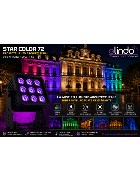 Projecteur LED architectural RGBW IP65 – 9 x 8 W – DMX – Star Color 72